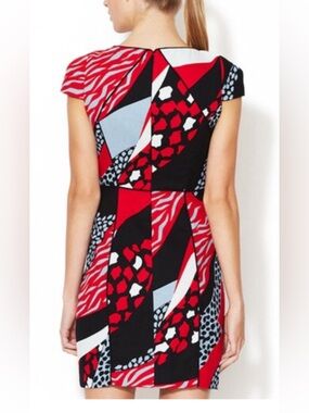Geometric Red & Black Cap-Sleeve Mini Dress